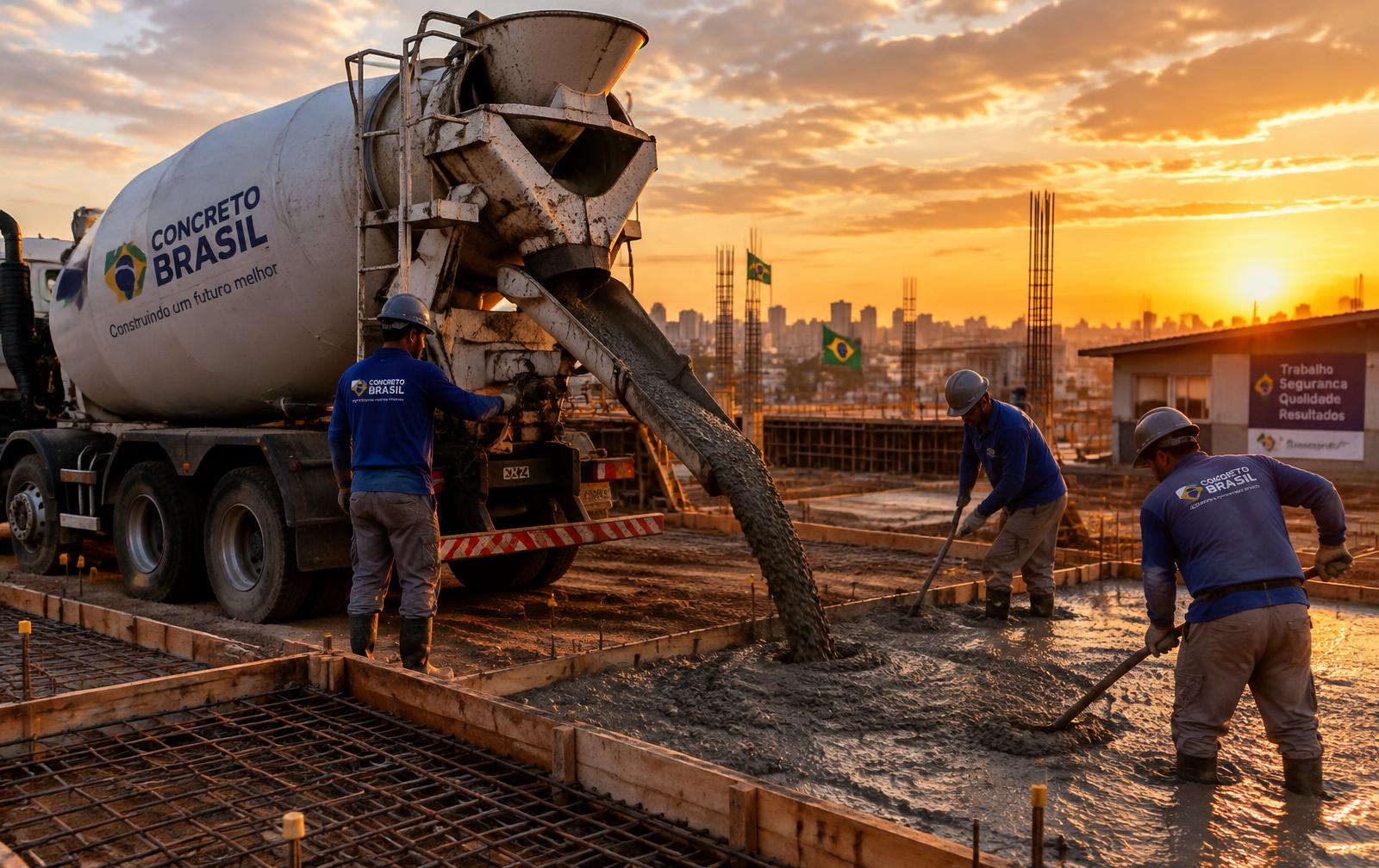 Caminhão betoneira descarregando concreto na obra